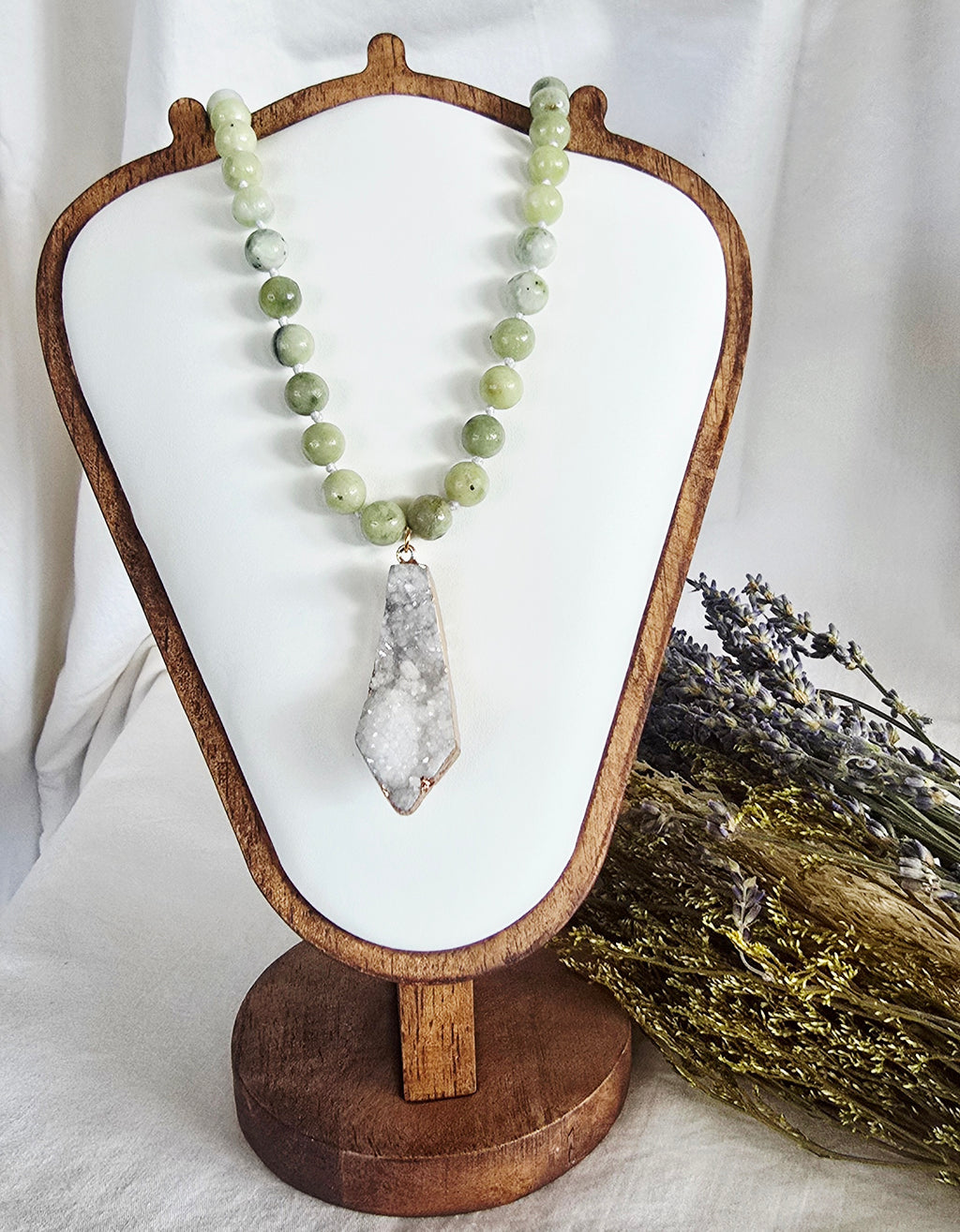 Green Jade & Druzy Quartz Necklace