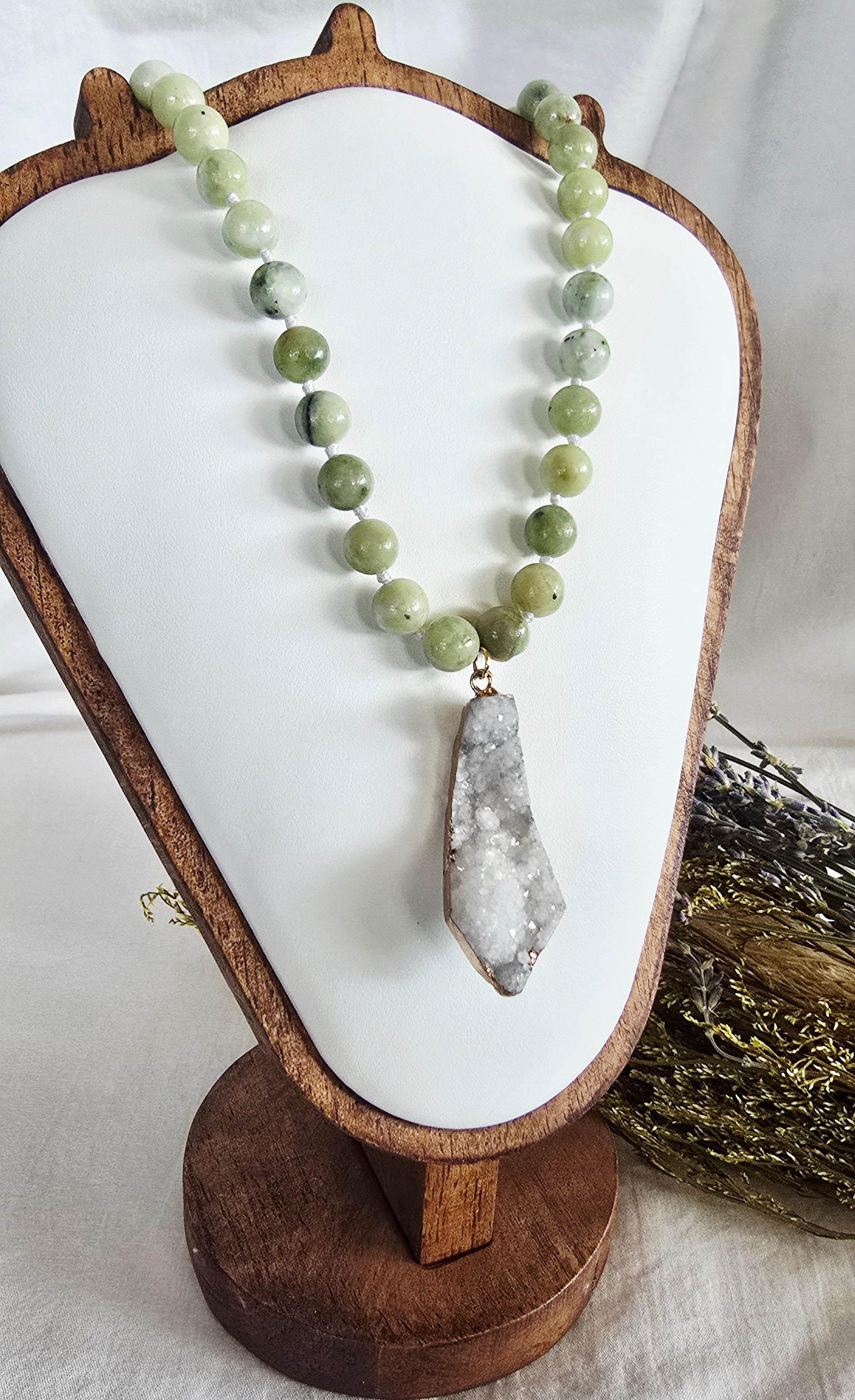 Green Jade & Druzy Quartz Necklace