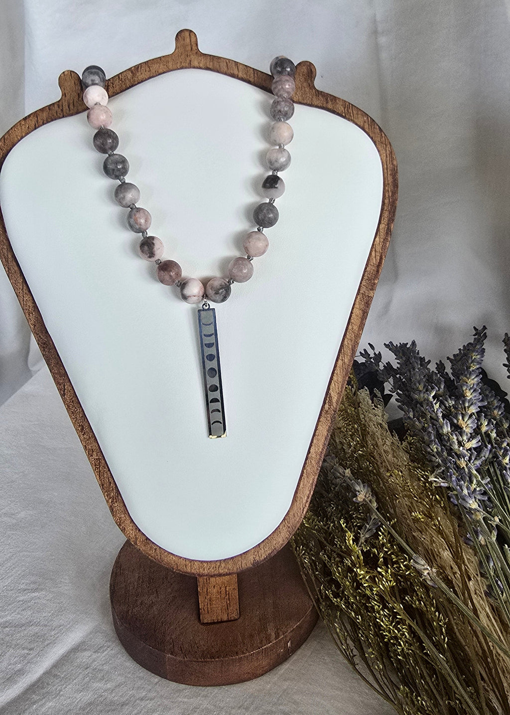 Pink Zebra Jasper Moon Phase Necklace