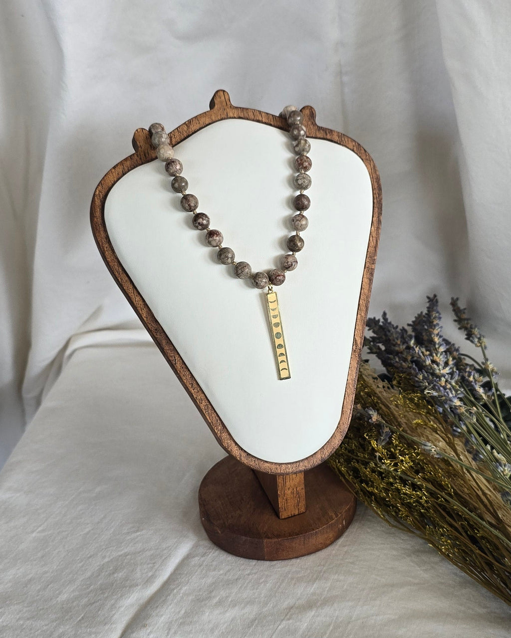 Fossil Coral & Gold Moon Phase Necklace