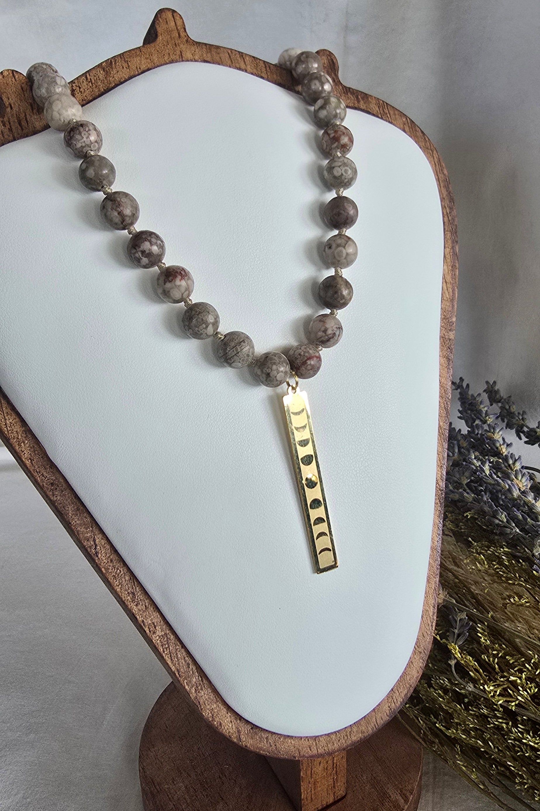 Fossil Coral & Gold Moon Phase Necklace