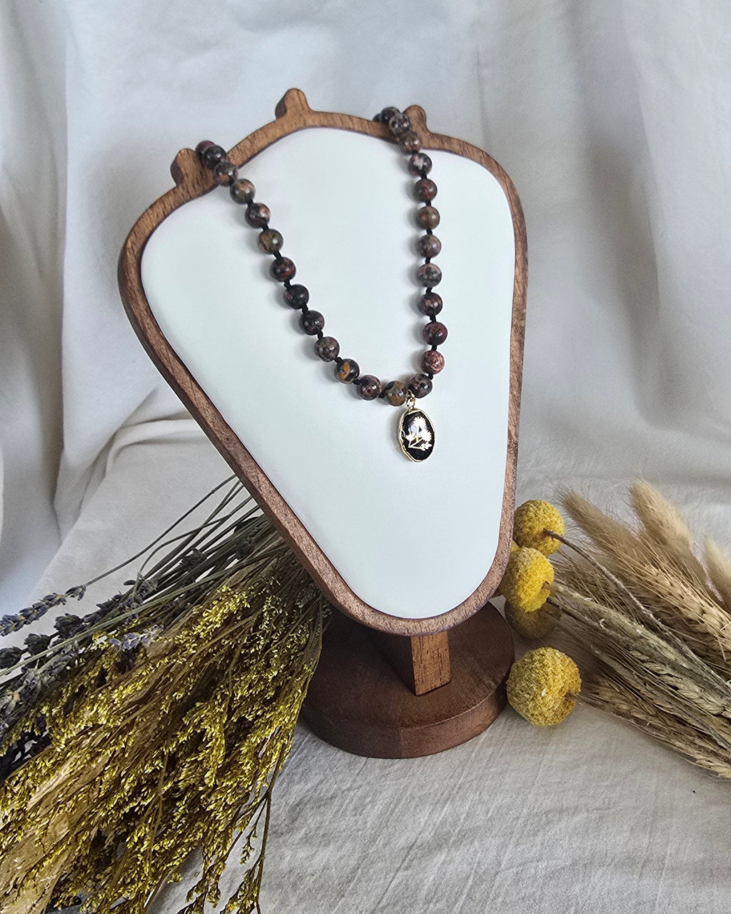 Leopard Skin Jasper Necklace with Botanical Black Onyx Pendant