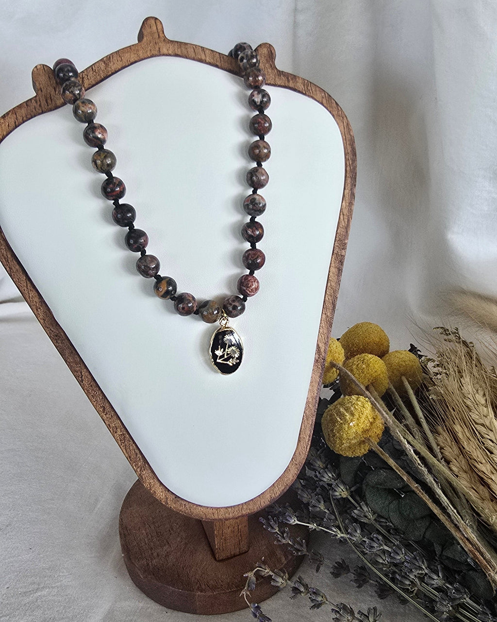 Leopard Skin Jasper Necklace with Botanical Black Onyx Pendant