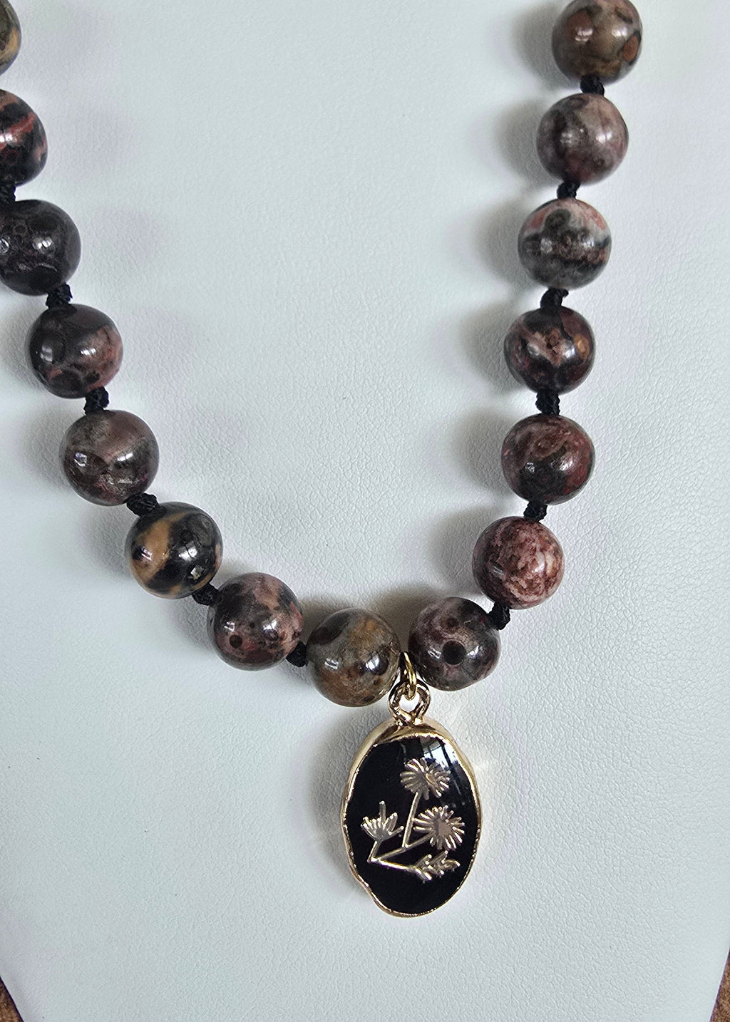Leopard Skin Jasper Necklace with Botanical Black Onyx Pendant