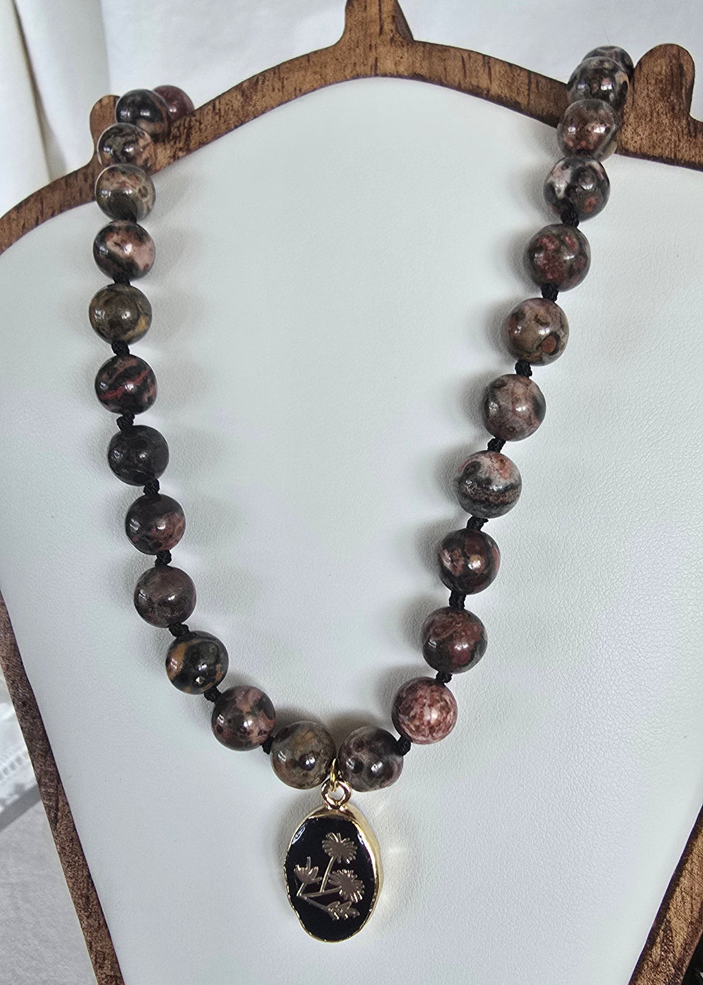 Leopard Skin Jasper Necklace with Botanical Black Onyx Pendant