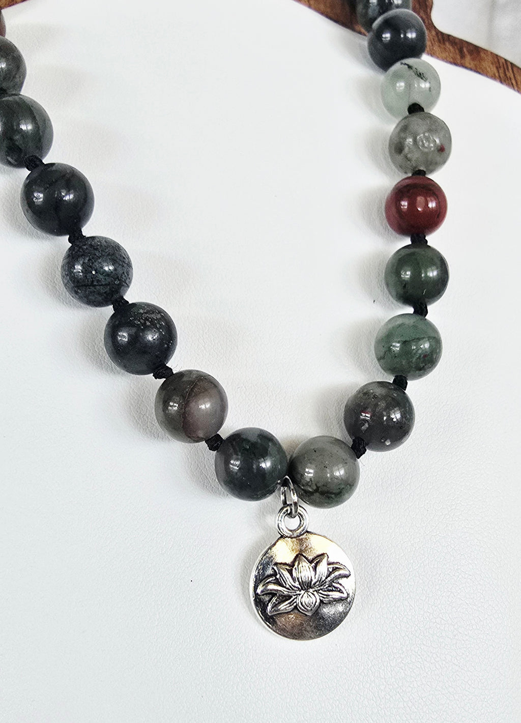 African Bloodstone Necklace with Silver Lotus Pendant