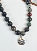 African Bloodstone Necklace with Silver Lotus Pendant