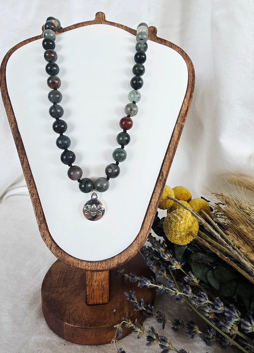 African Bloodstone Necklace with Silver Lotus Pendant