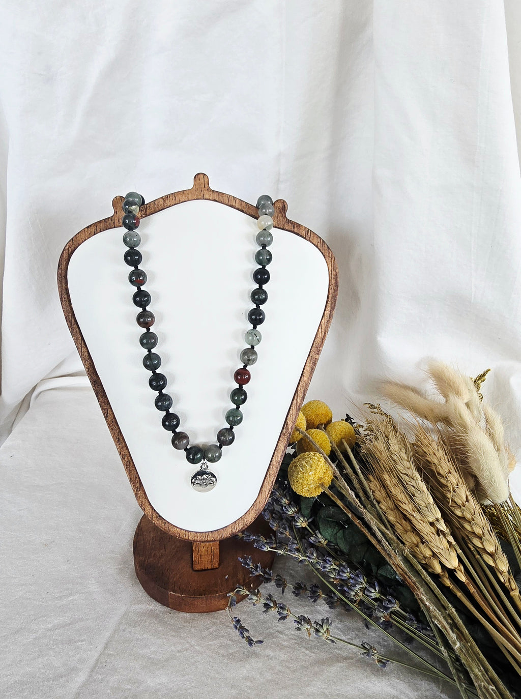 African Bloodstone Necklace with Silver Lotus Pendant