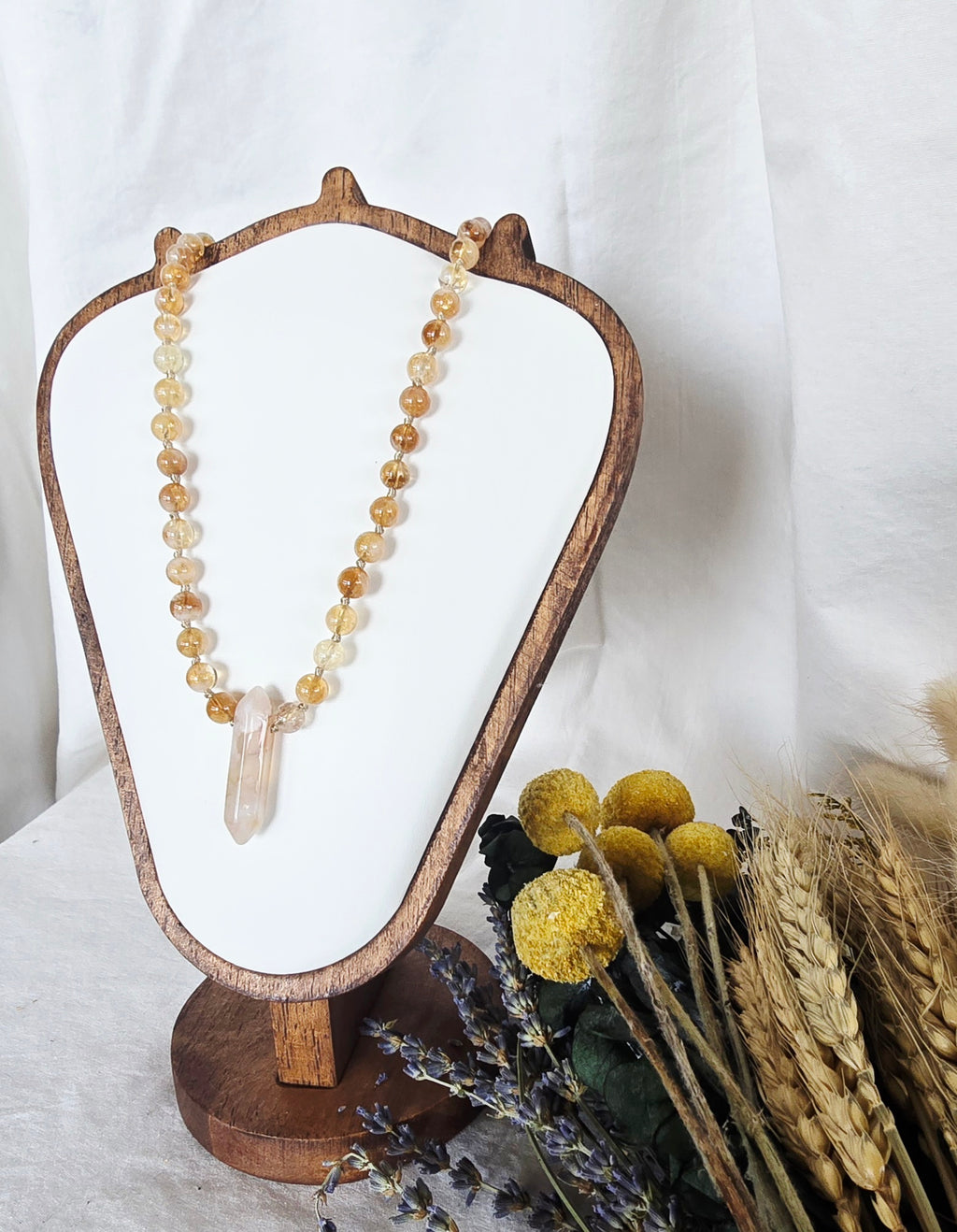 Golden Light - Hand-Knotted Citrine Necklace with Quartz Point Pendant