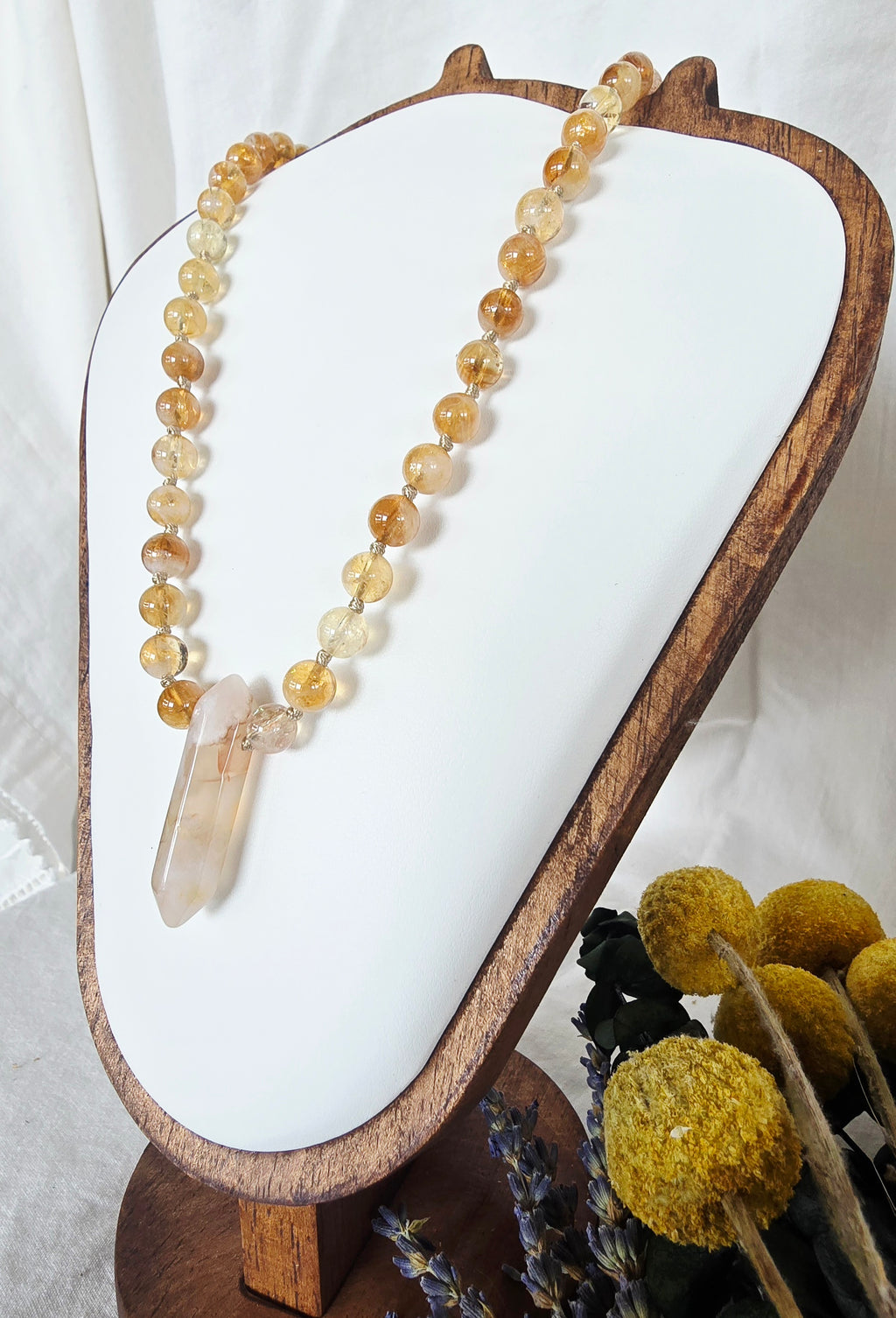 Golden Light - Hand-Knotted Citrine Necklace with Quartz Point Pendant