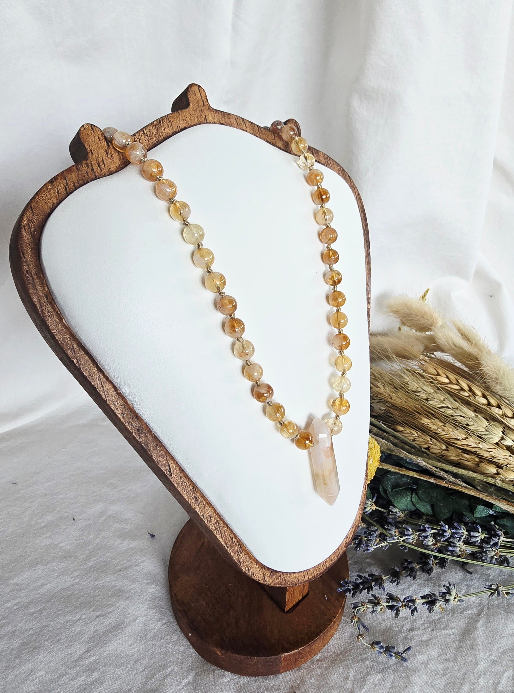 Golden Light - Hand-Knotted Citrine Necklace with Quartz Point Pendant