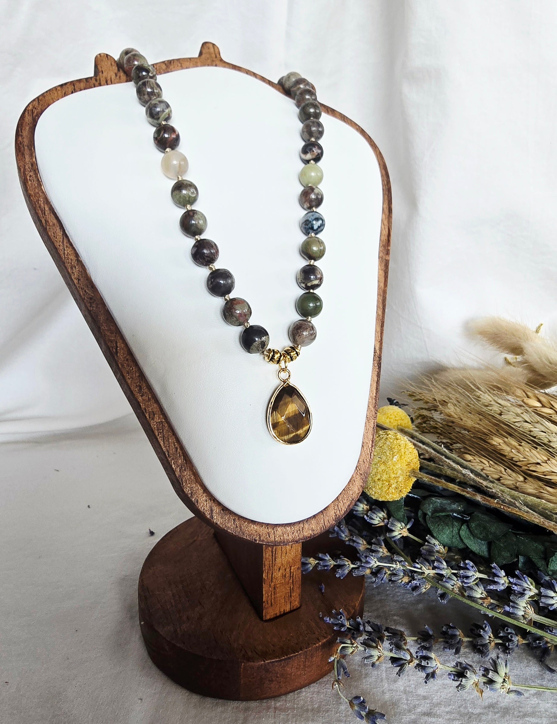 Steadfast Spirit - Dragon Blood Jasper Necklace with Tiger's Eye Pendant