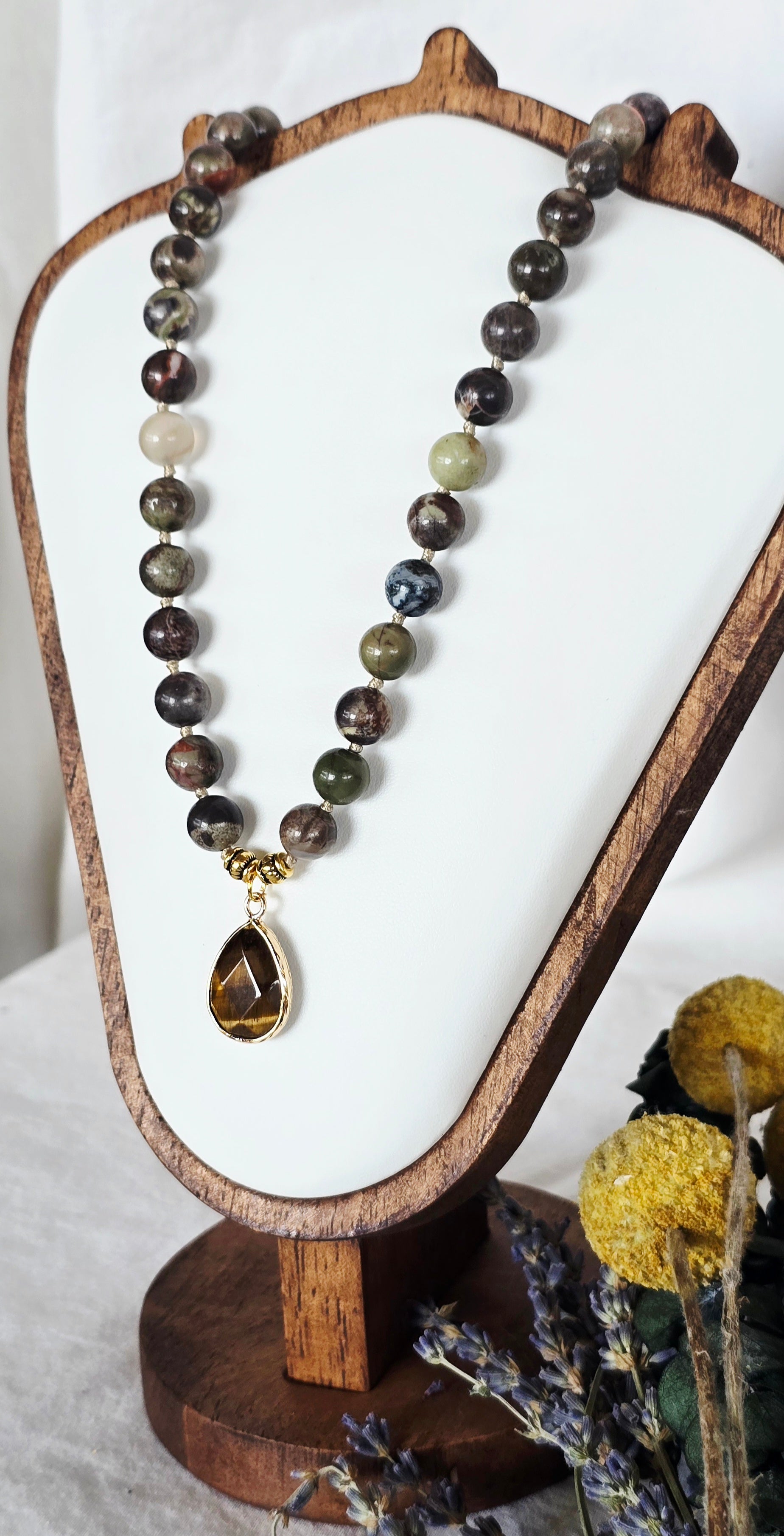 Steadfast Spirit - Dragon Blood Jasper Necklace with Tiger's Eye Pendant