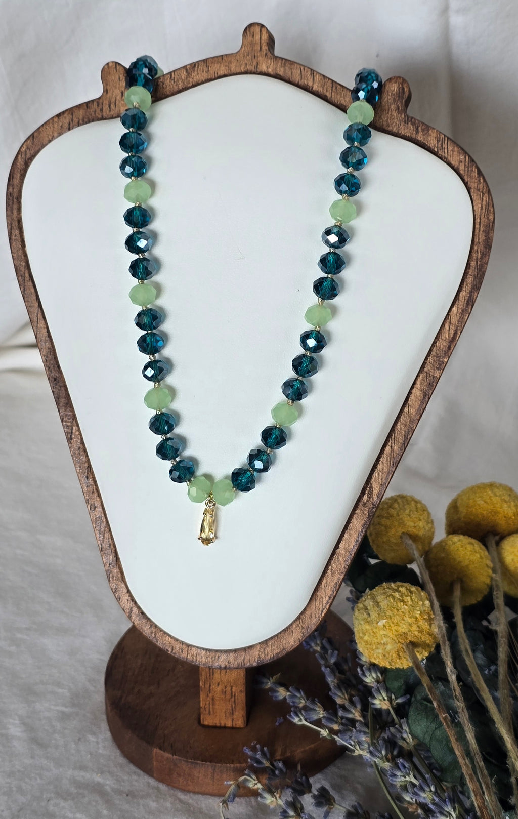 Ocean Mist - Faceted Glass Bead Necklace with Champagne Crystal Pendant