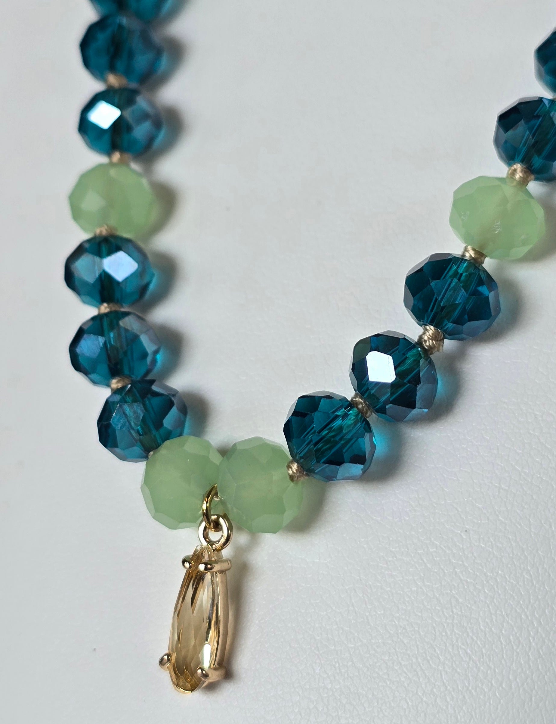 Ocean Mist - Faceted Glass Bead Necklace with Champagne Crystal Pendant