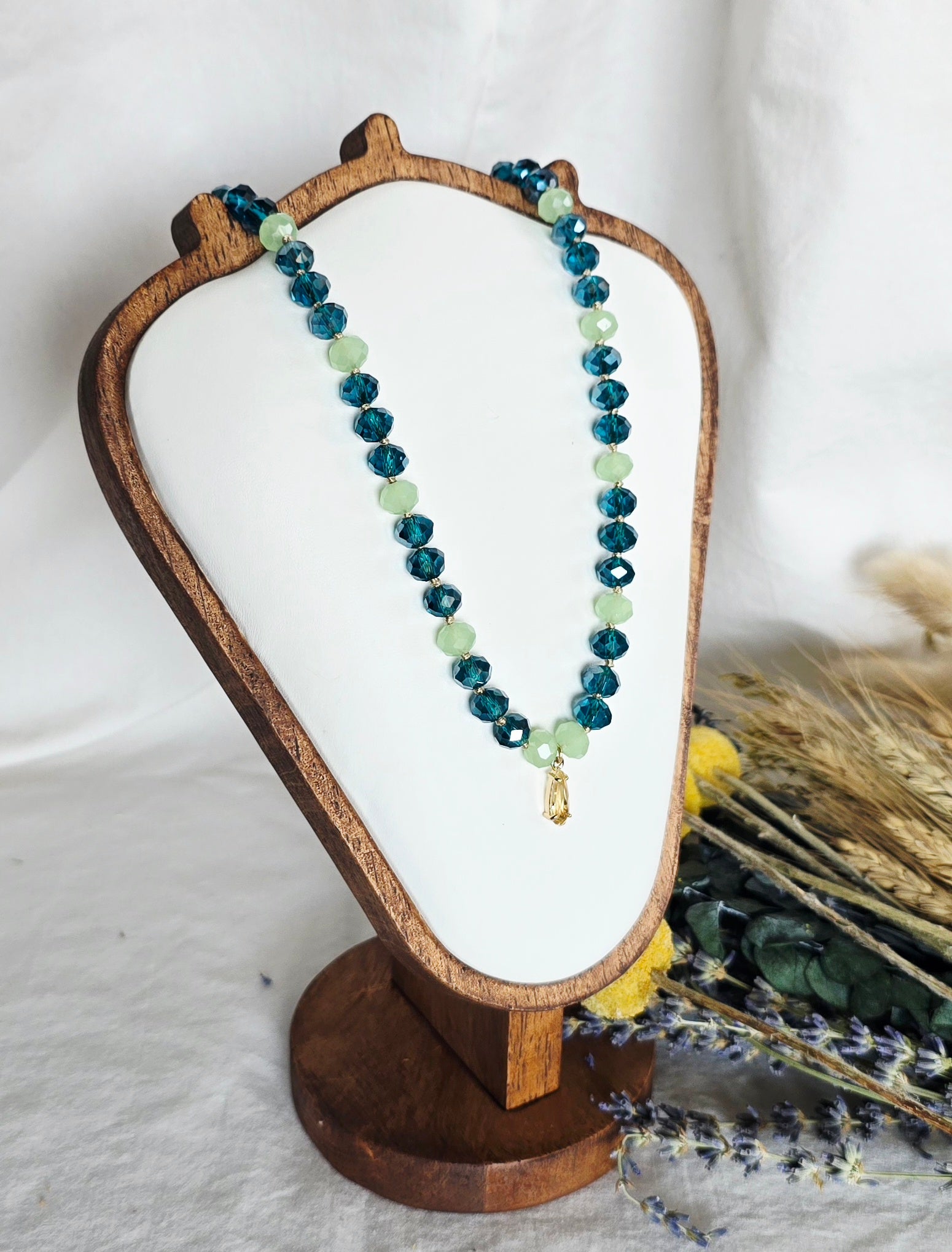 Ocean Mist - Faceted Glass Bead Necklace with Champagne Crystal Pendant