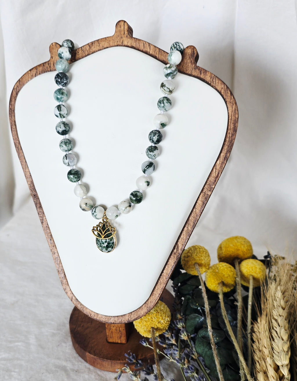 Rooted in Stillness - Tree Agate Necklace with Tree Agate & Lotus Pendant
