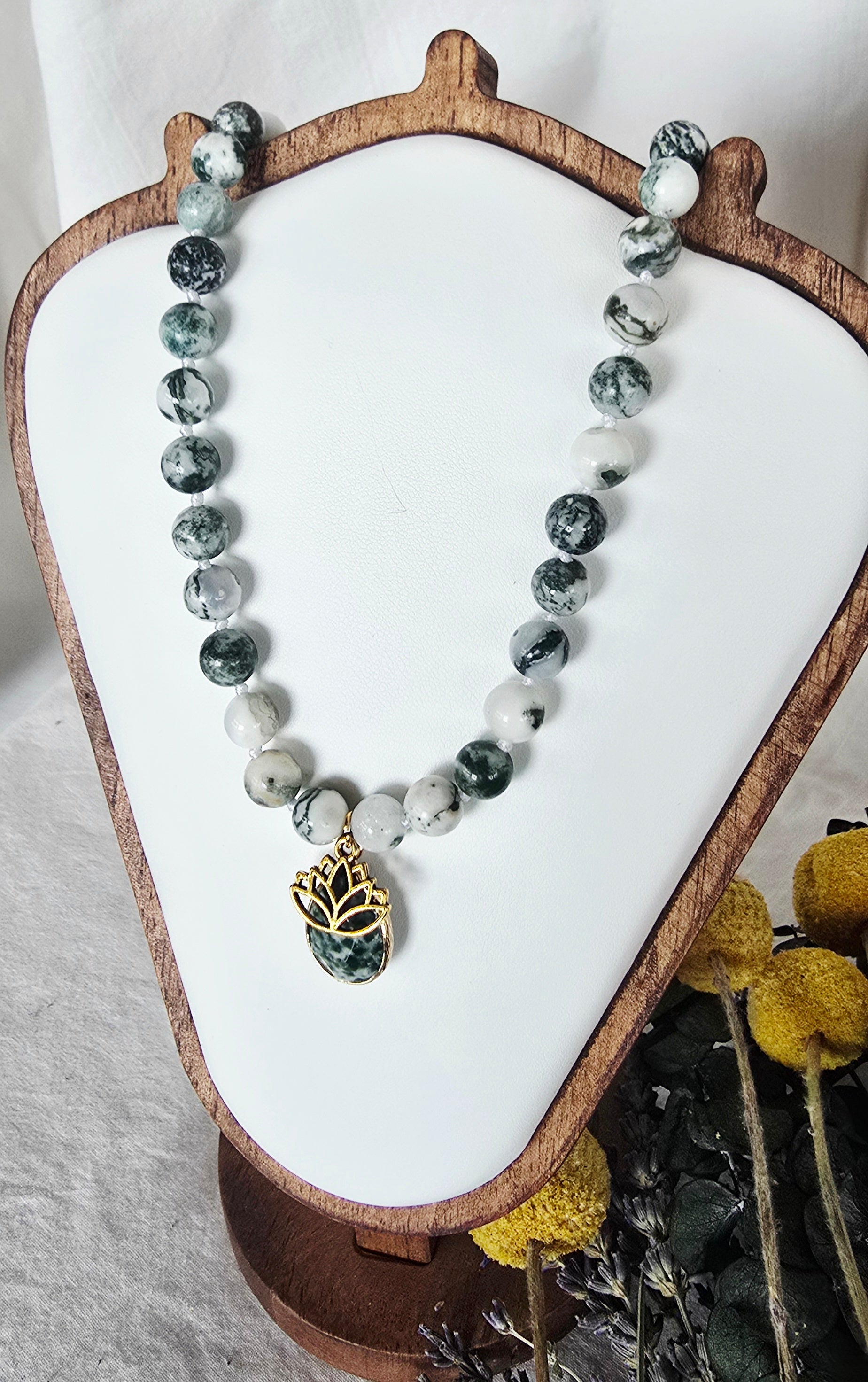 Rooted in Stillness - Tree Agate Necklace with Tree Agate & Lotus Pendant