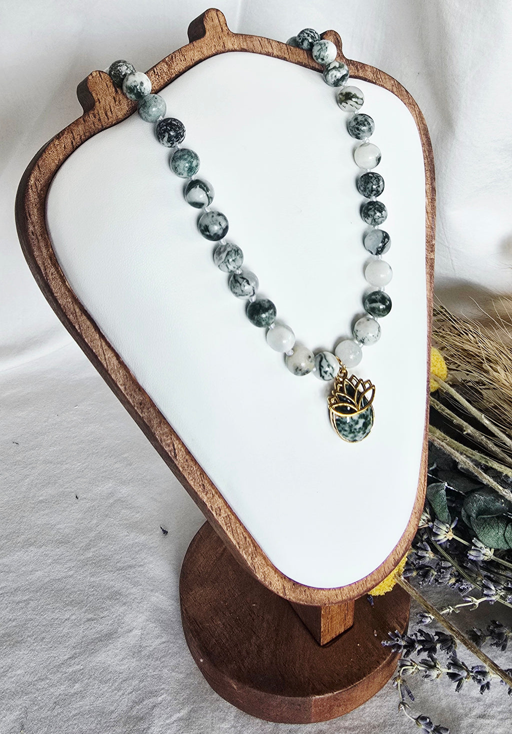 Rooted in Stillness - Tree Agate Necklace with Tree Agate & Lotus Pendant