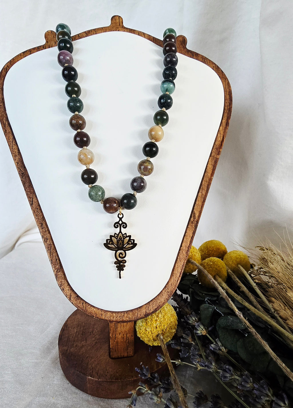 Indian Agate • Lotus & Unalome Necklace