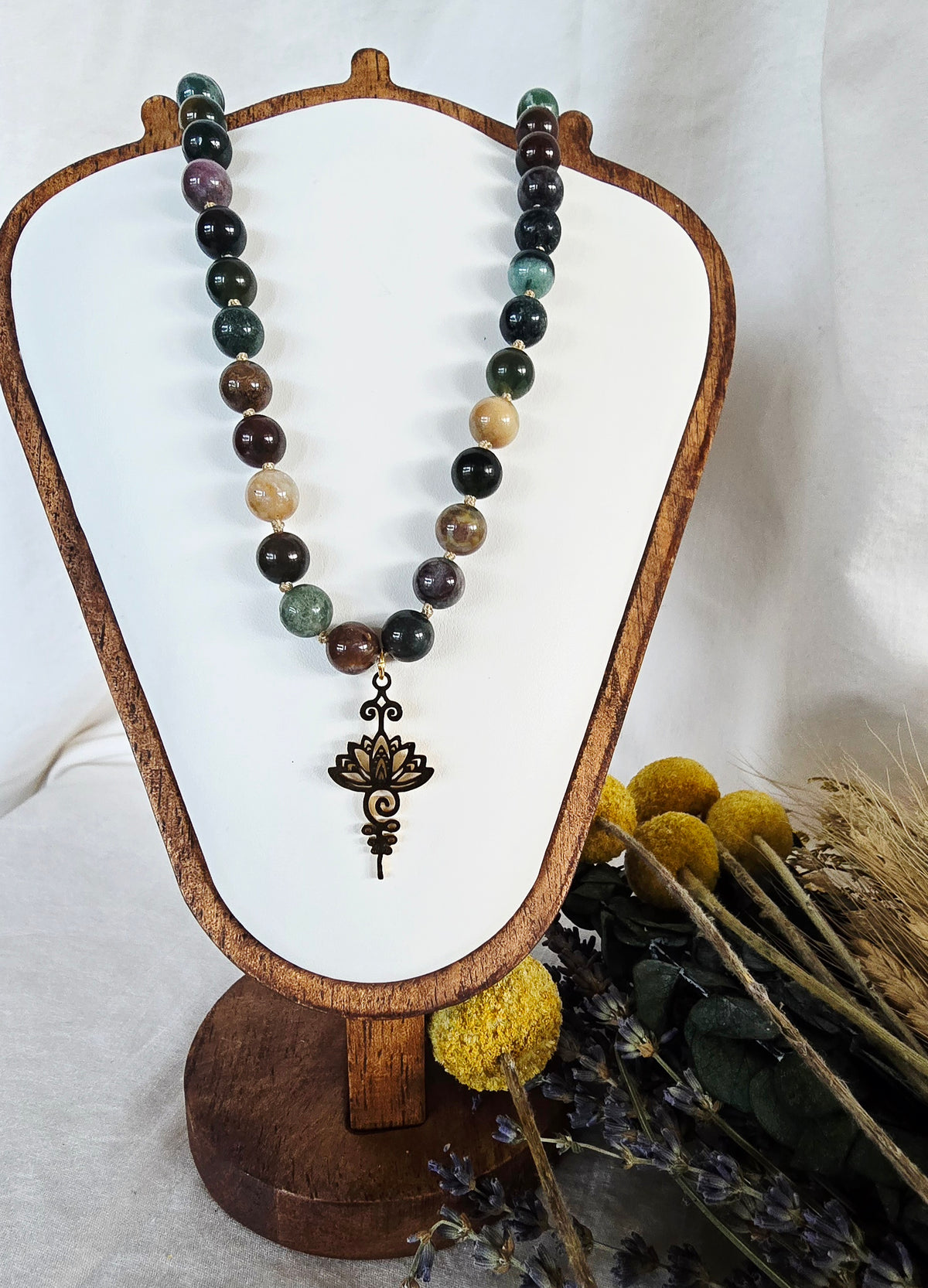 Indian Agate • Lotus & Unalome Necklace