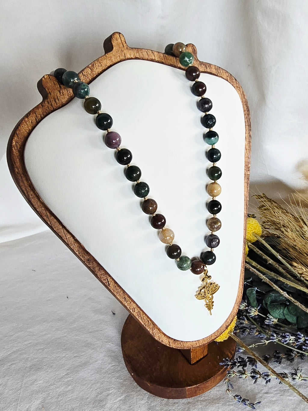 Indian Agate • Lotus & Unalome Necklace