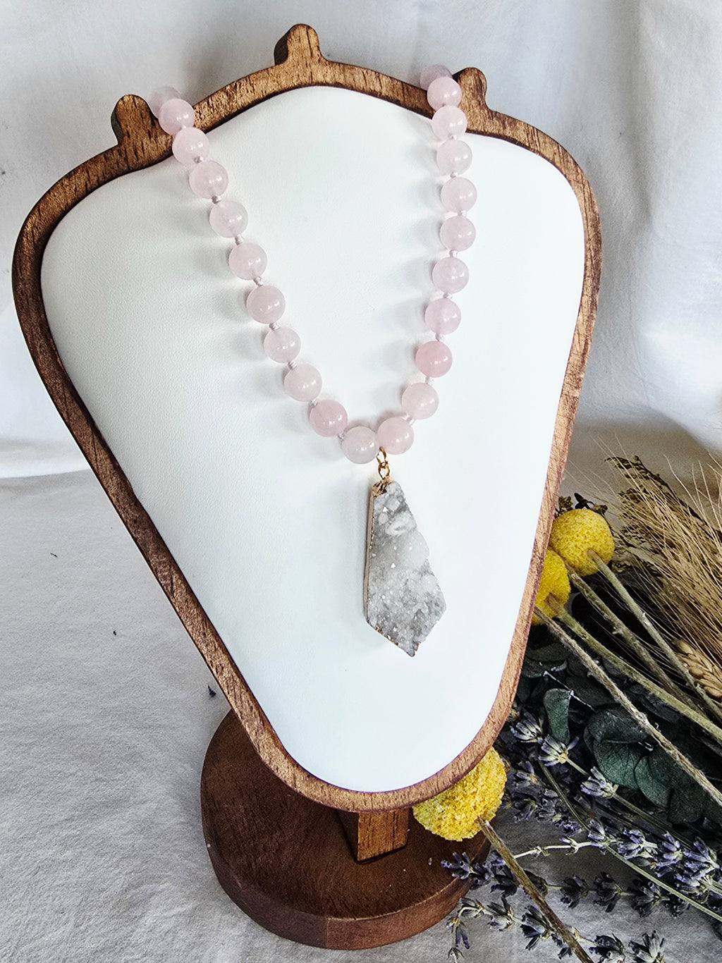 Softly Rooted - Rose Quartz Necklace with Natural Druzy Pendant