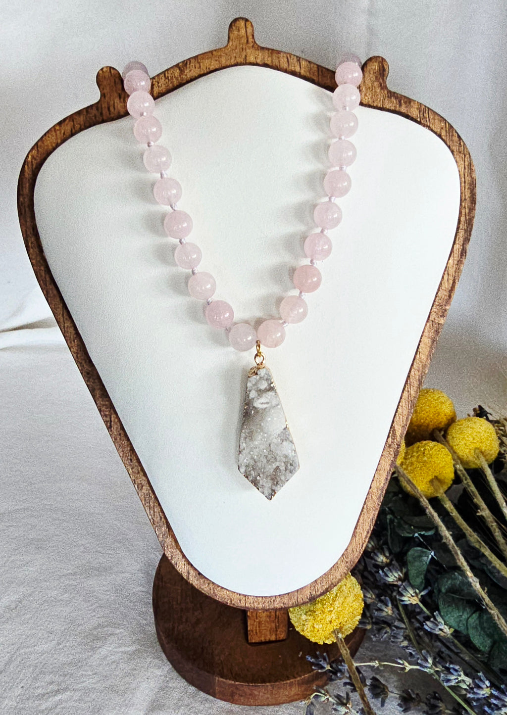 Softly Rooted - Rose Quartz Necklace with Natural Druzy Pendant