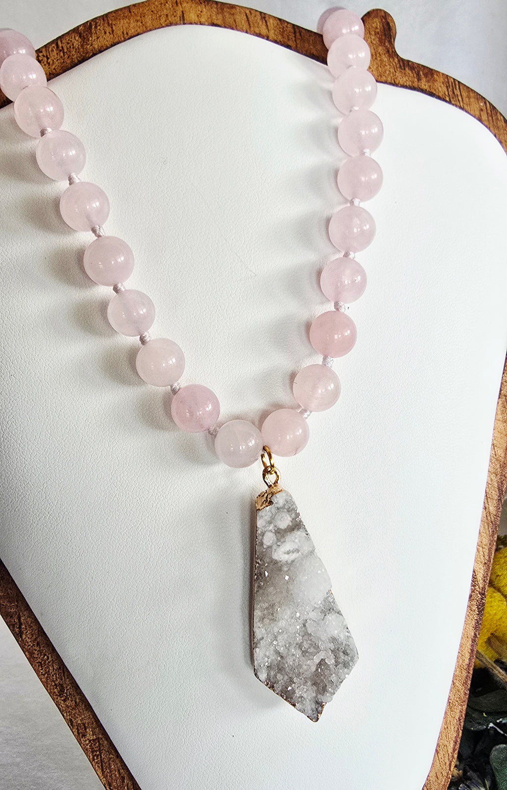 Softly Rooted - Rose Quartz Necklace with Natural Druzy Pendant