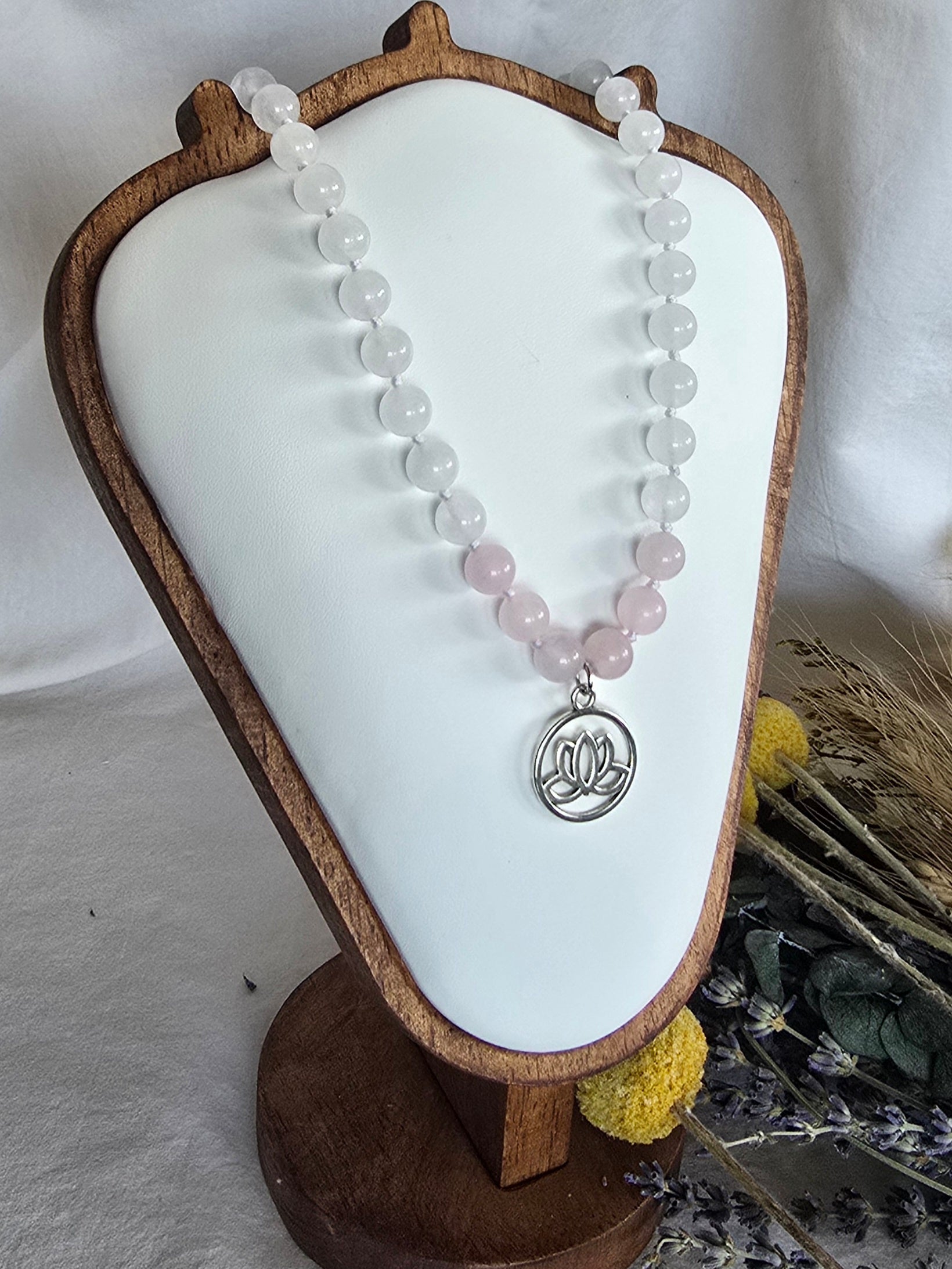 Lotus Light - White Jade & Rose Quartz Necklace with Silver Lotus Pendant