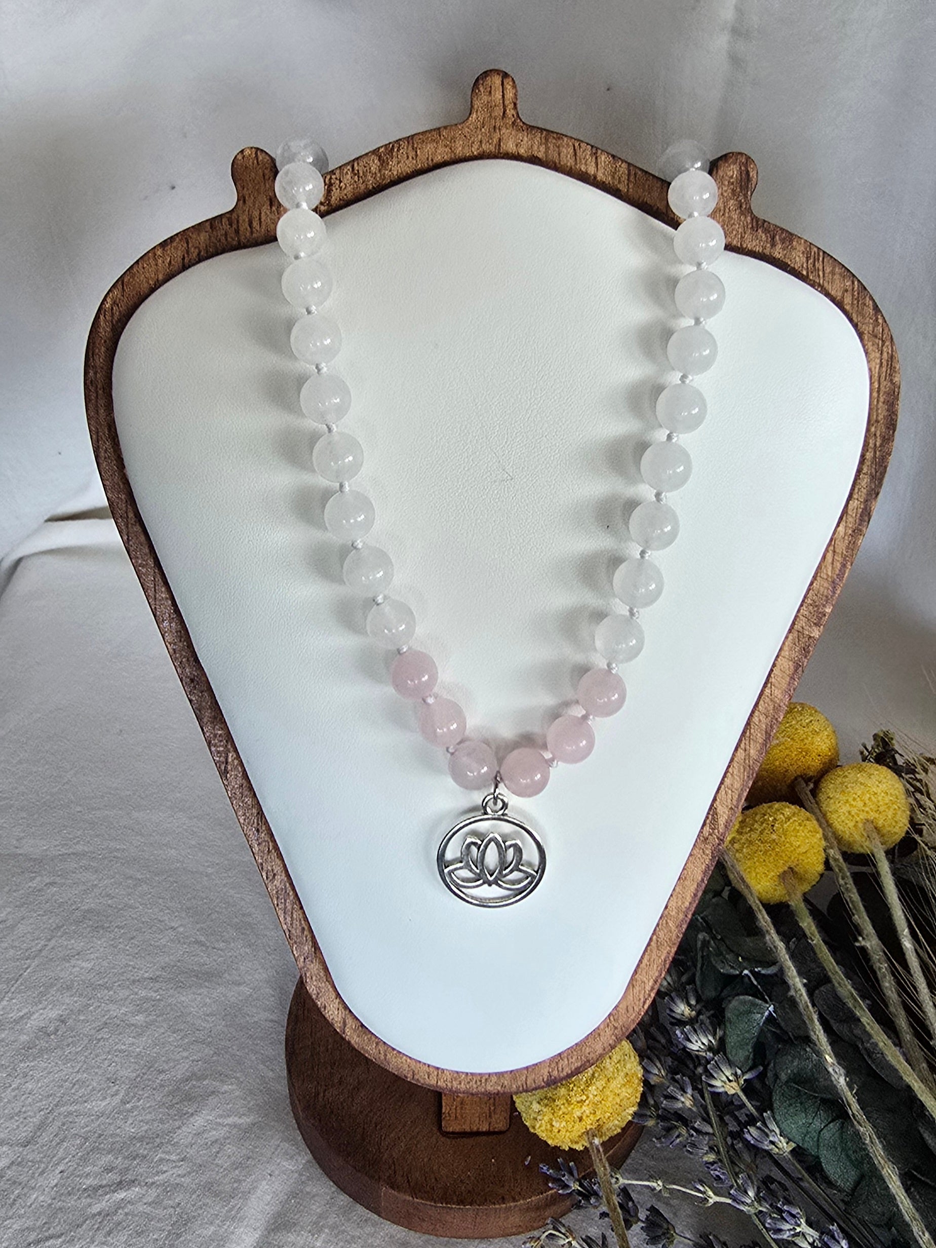 Lotus Light - White Jade & Rose Quartz Necklace with Silver Lotus Pendant