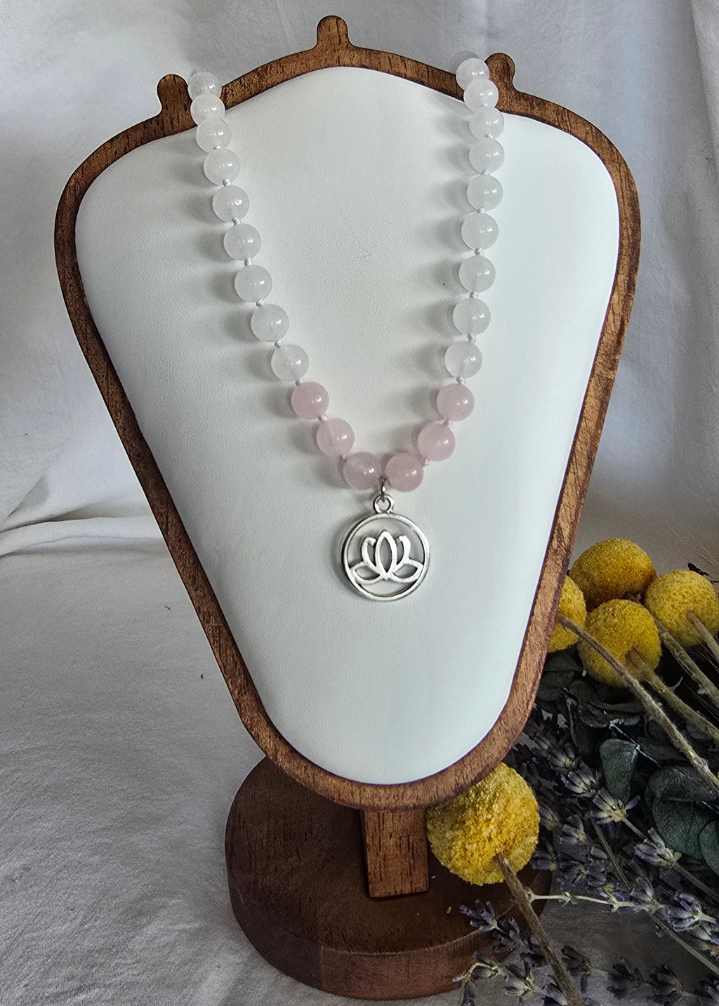 Lotus Light - White Jade & Rose Quartz Necklace with Silver Lotus Pendant