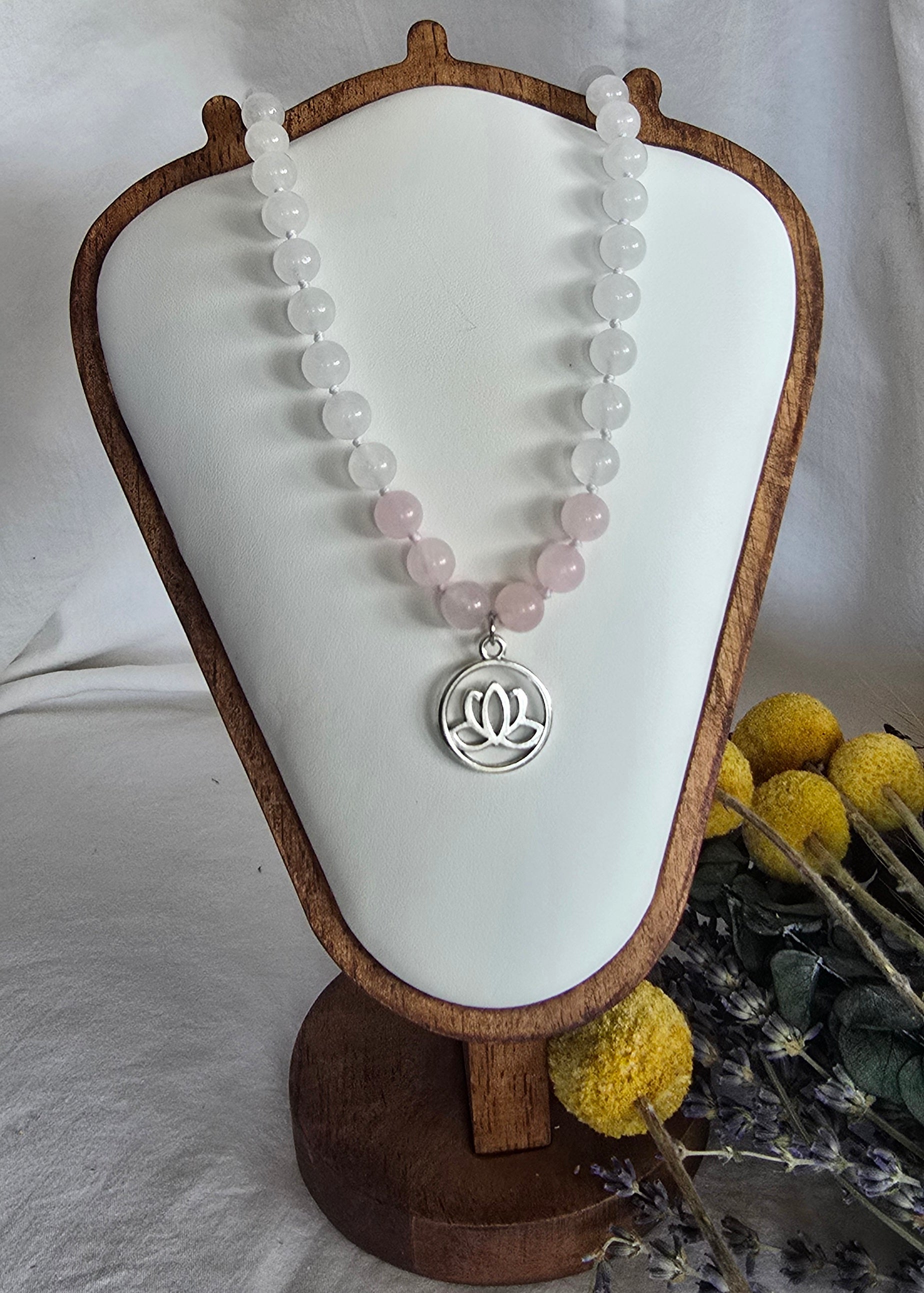 Lotus Light - White Jade & Rose Quartz Necklace with Silver Lotus Pendant