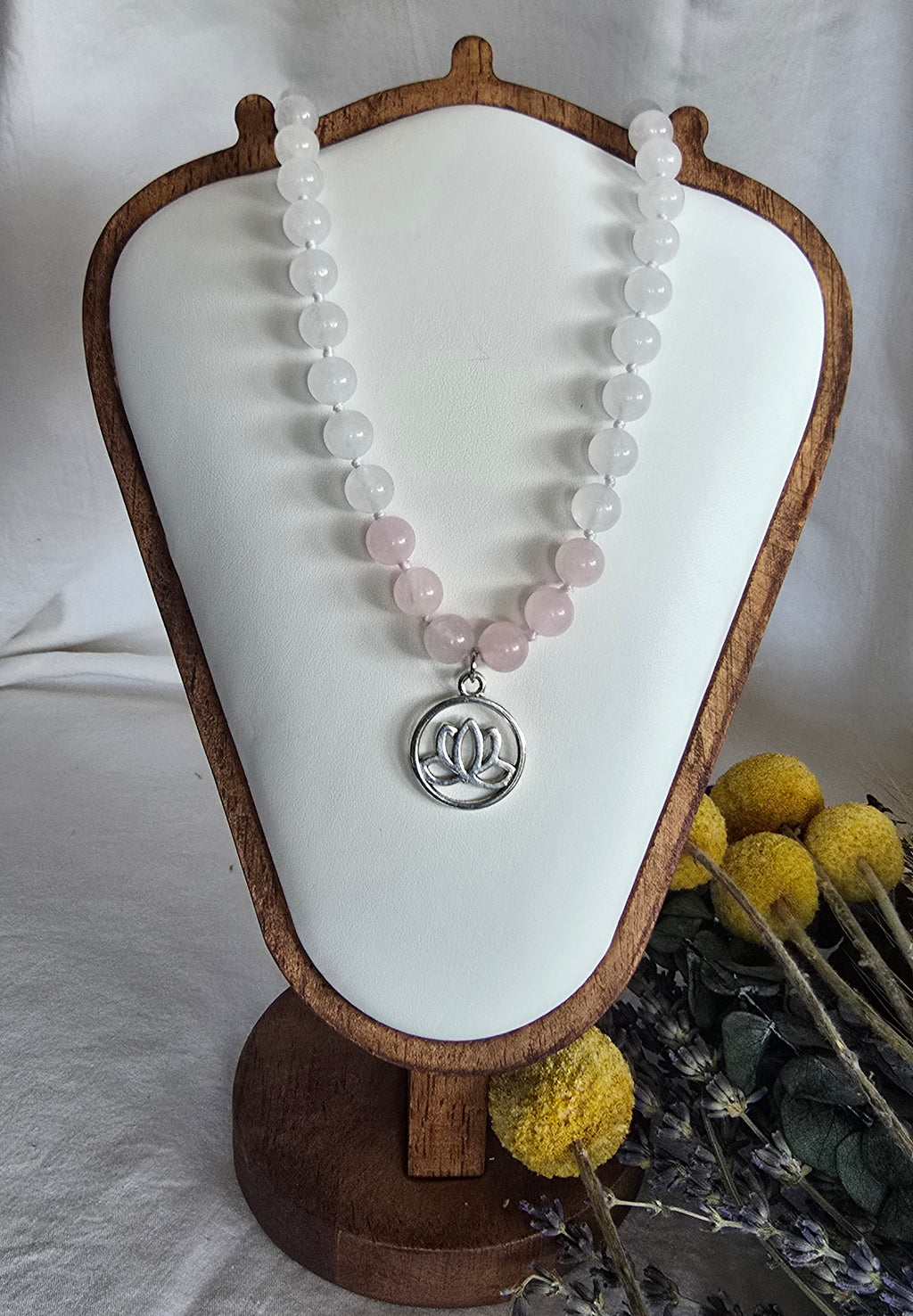 Lotus Light - White Jade & Rose Quartz Necklace with Silver Lotus Pendant