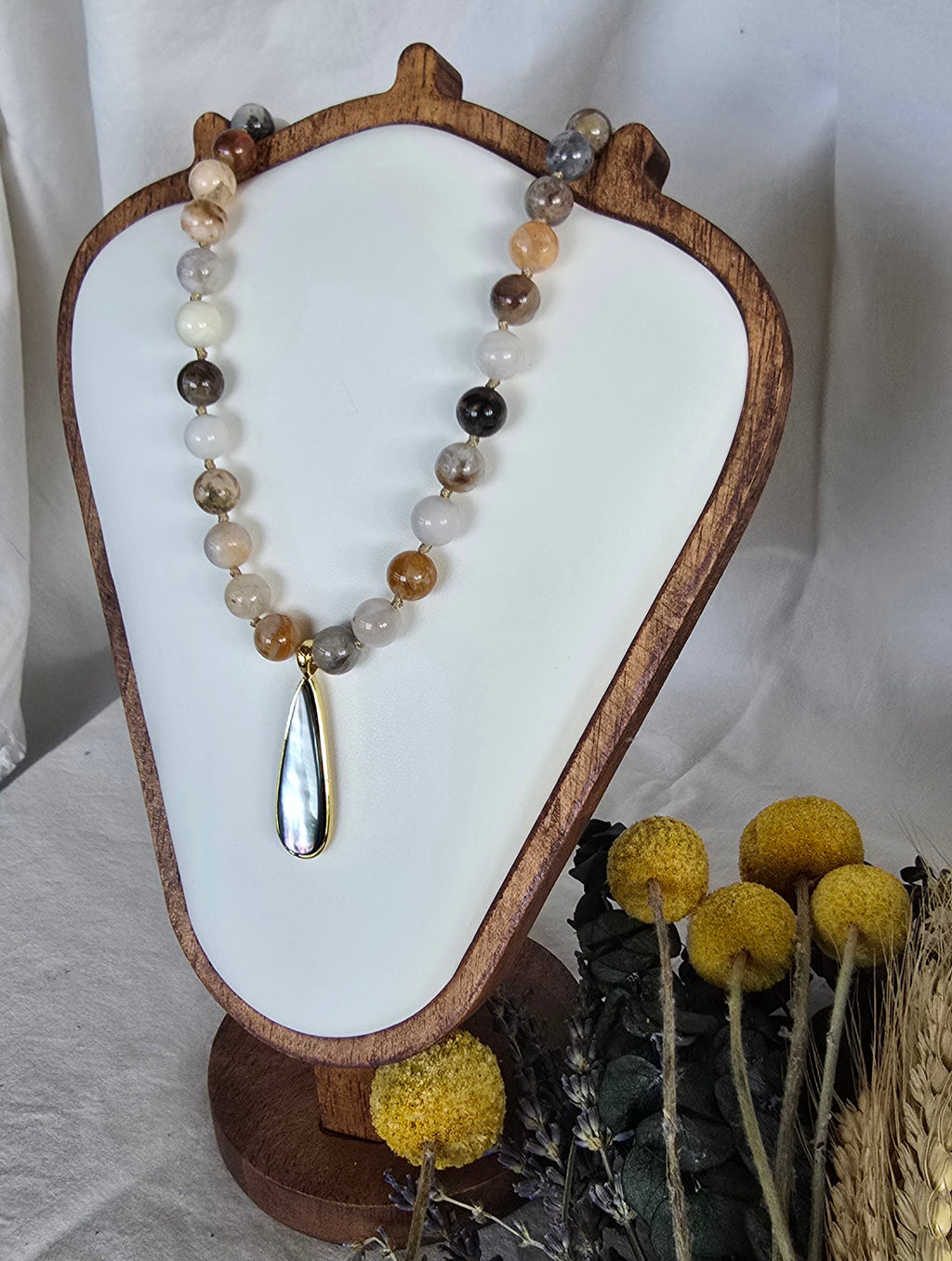Grounded Grace - Crazy Lace Agate Necklace with Mother of Pearl Teardrop Pendant