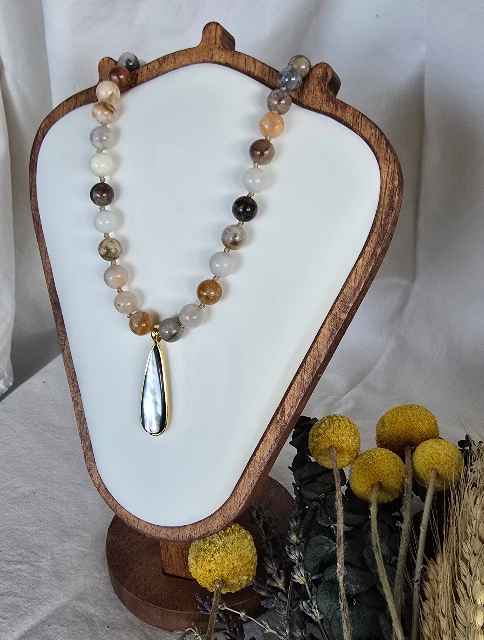 Grounded Grace - Crazy Lace Agate Necklace with Mother of Pearl Teardrop Pendant