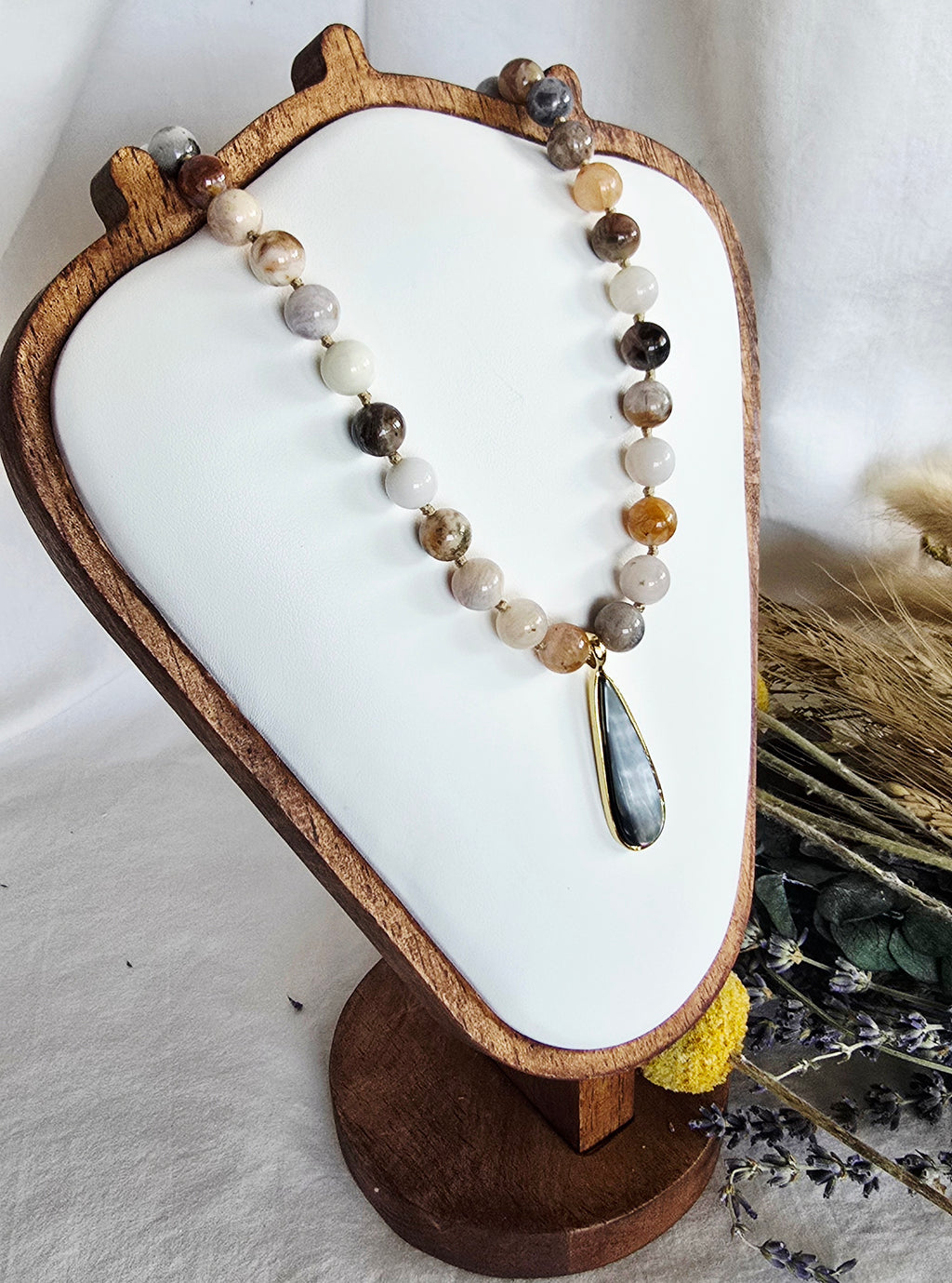 Grounded Grace - Crazy Lace Agate Necklace with Mother of Pearl Teardrop Pendant