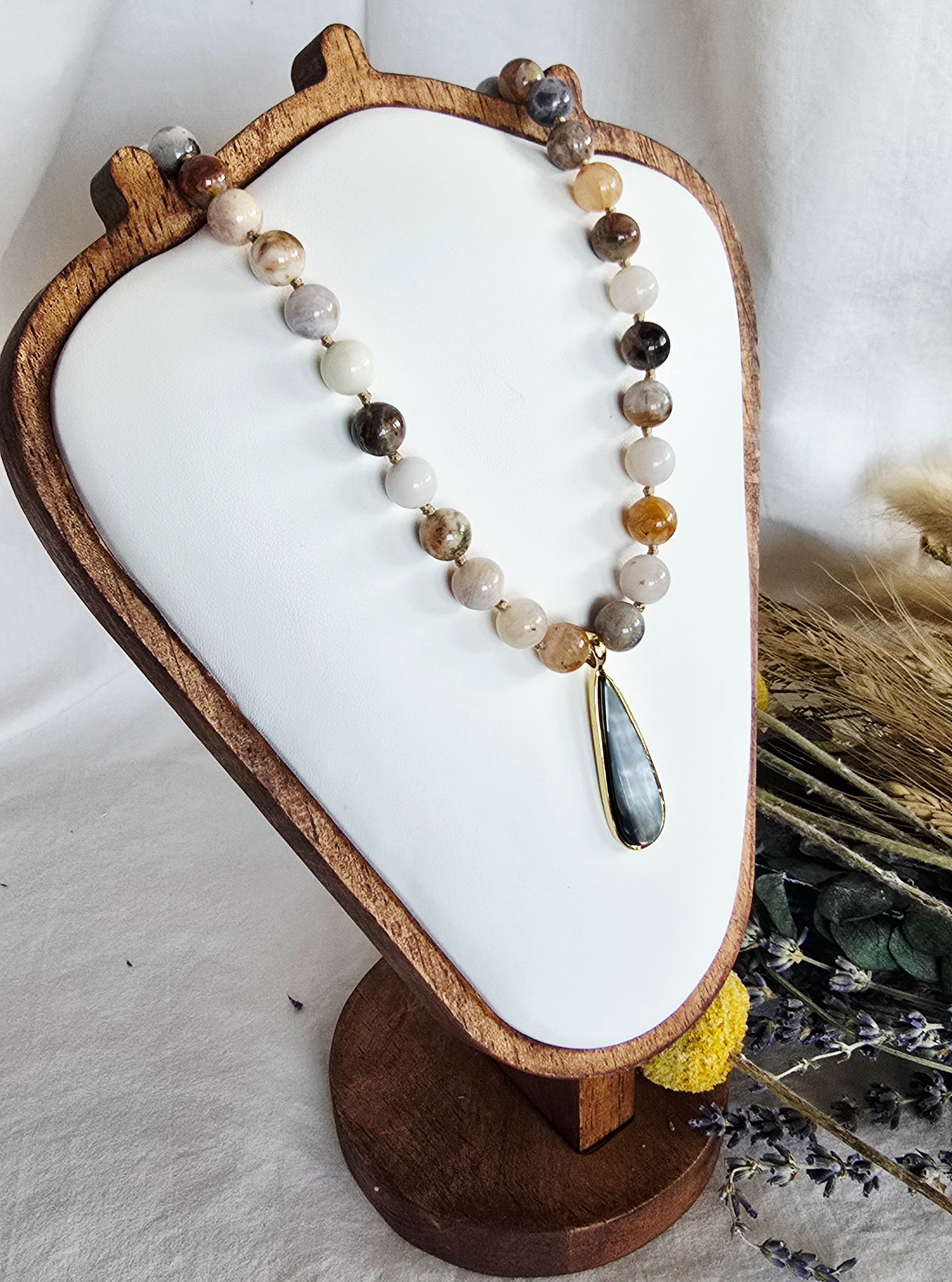 Grounded Grace - Crazy Lace Agate Necklace with Mother of Pearl Teardrop Pendant