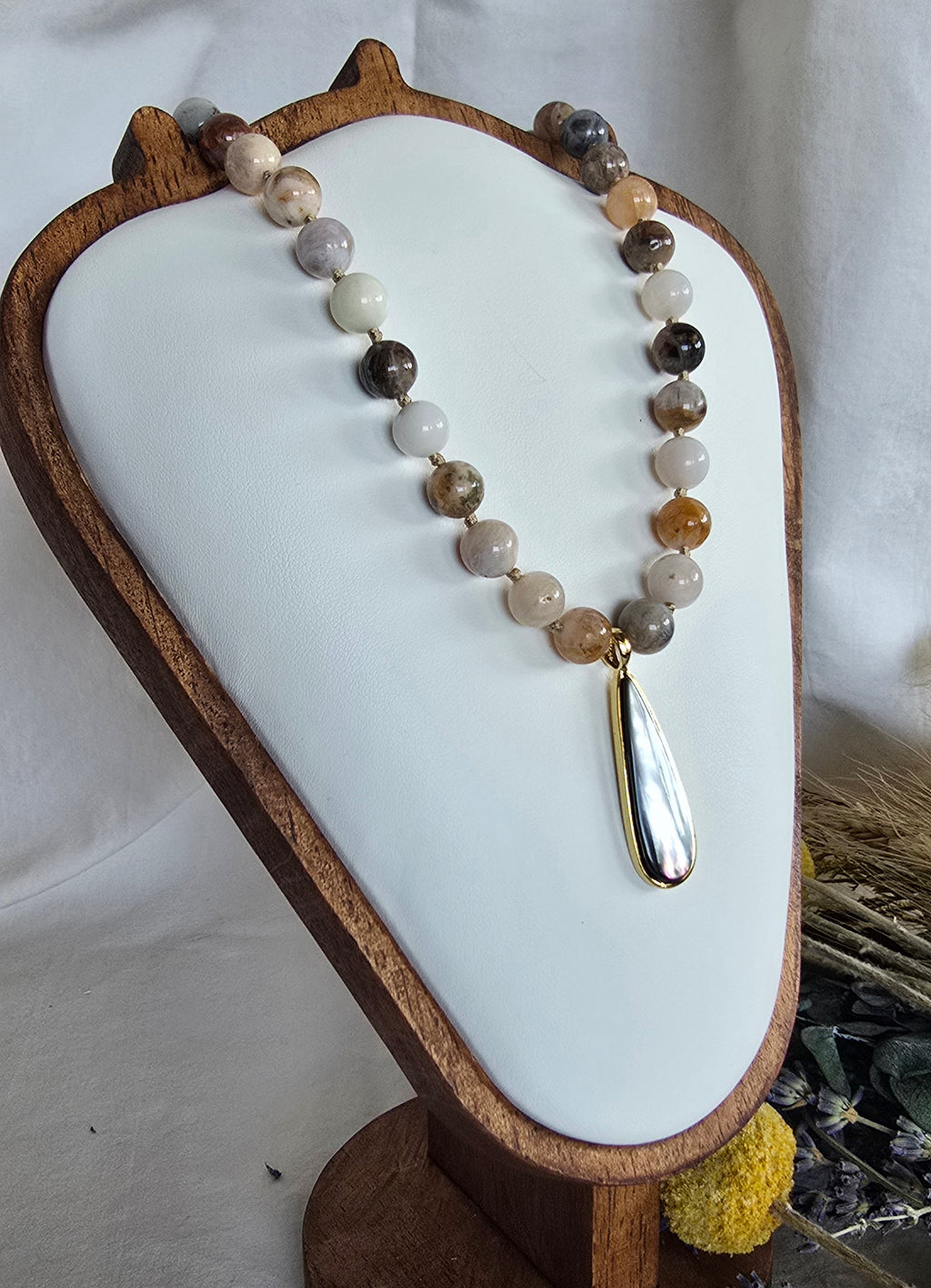 Grounded Grace - Crazy Lace Agate Necklace with Mother of Pearl Teardrop Pendant