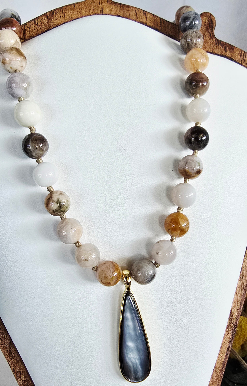Grounded Grace - Crazy Lace Agate Necklace with Mother of Pearl Teardrop Pendant
