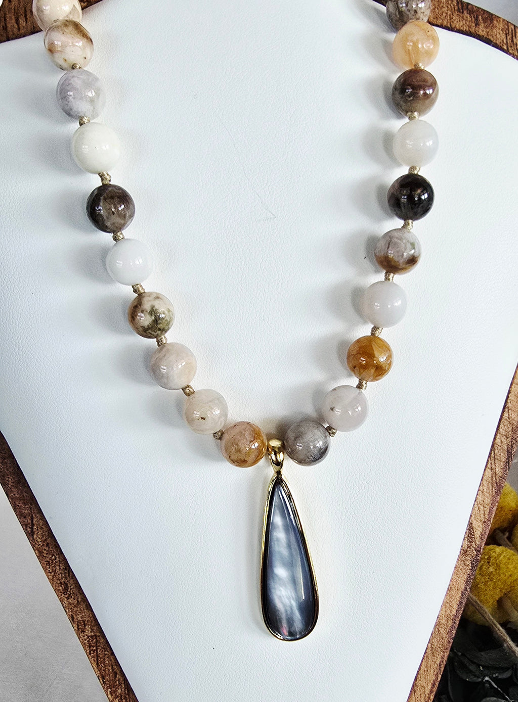 Grounded Grace - Crazy Lace Agate Necklace with Mother of Pearl Teardrop Pendant