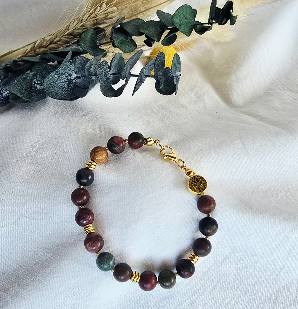 Hand-Knotted Picasso Jasper Bracelet with Tree of Life Charm