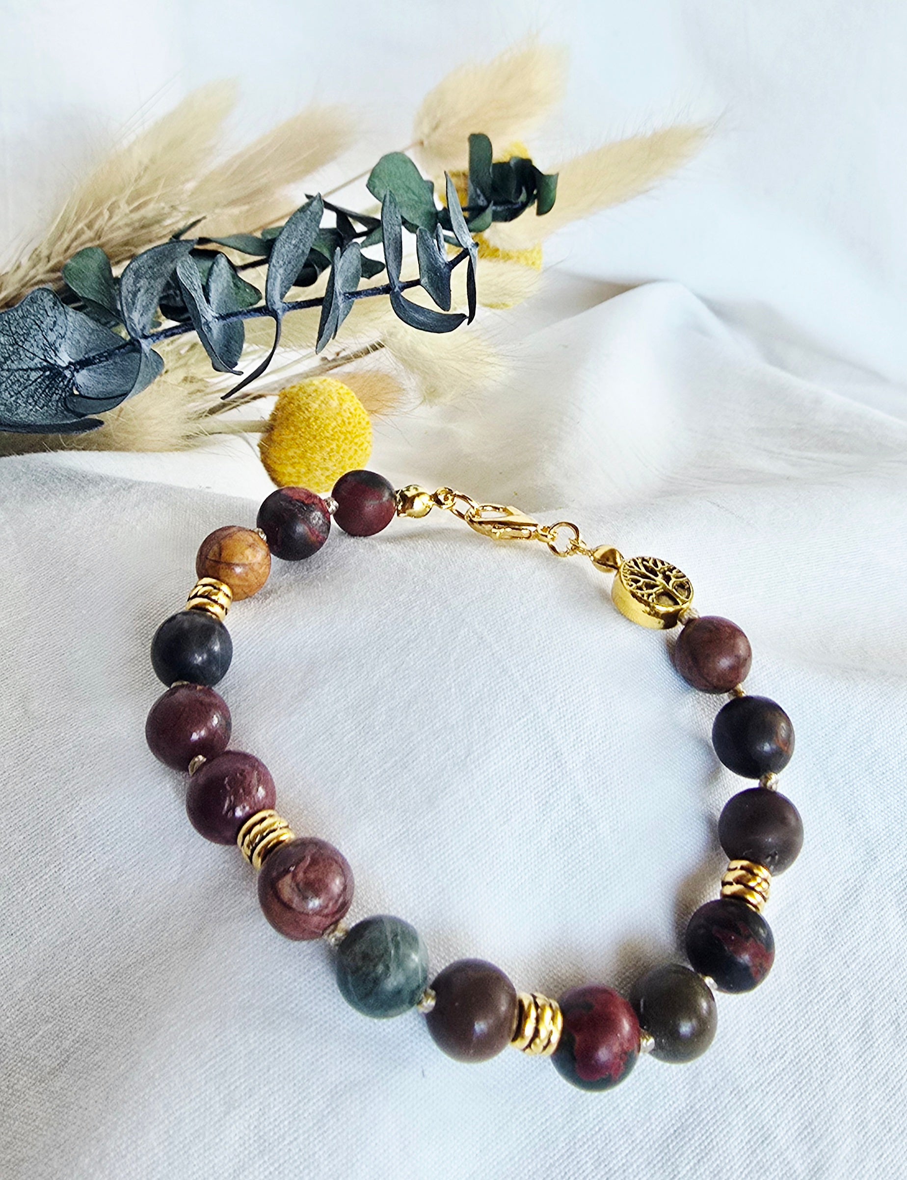 Hand-Knotted Picasso Jasper Bracelet with Tree of Life Charm