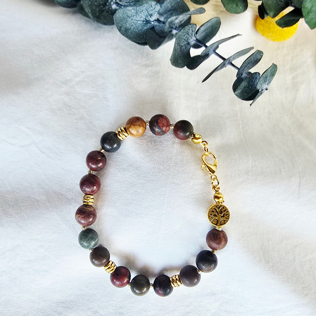 Hand-Knotted Picasso Jasper Bracelet with Tree of Life Charm