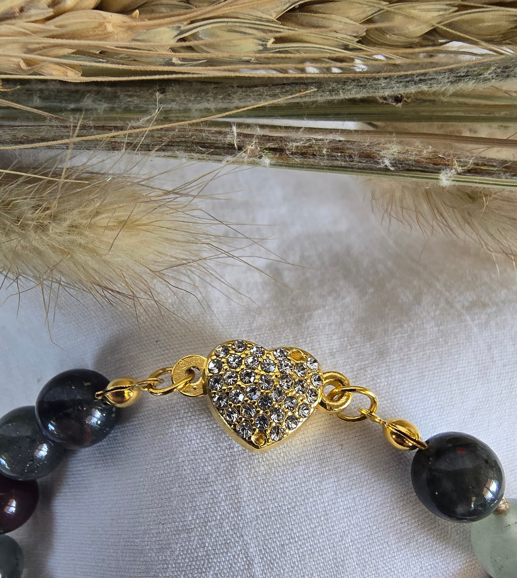 Hand-Knotted African Bloodstone Bracelet with Rhinestone Heart Magnetic Clasp