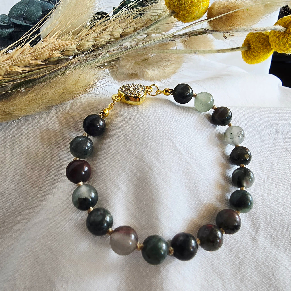 Hand-Knotted African Bloodstone Bracelet with Rhinestone Heart Magnetic Clasp
