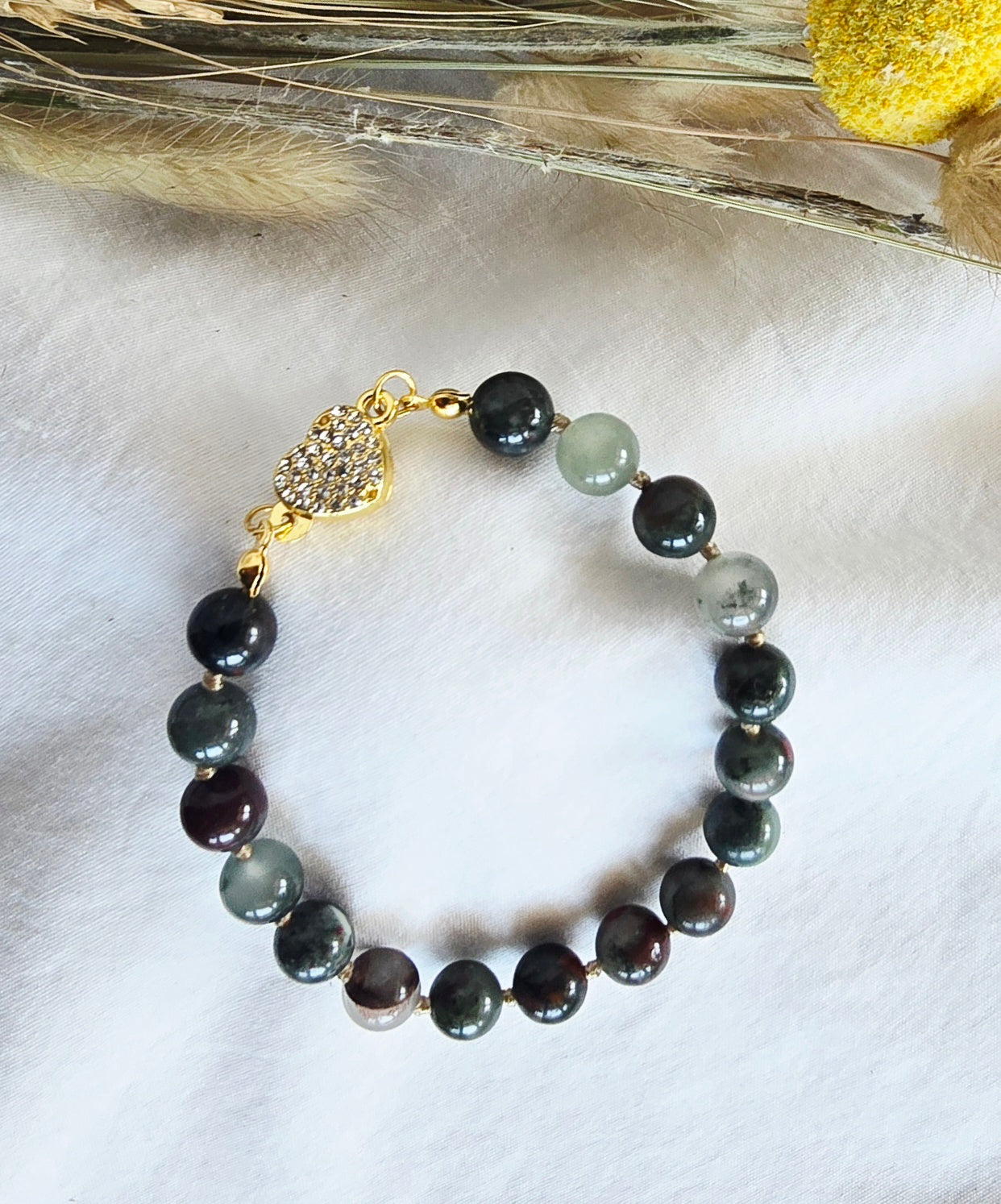 Hand-Knotted African Bloodstone Bracelet with Rhinestone Heart Magnetic Clasp