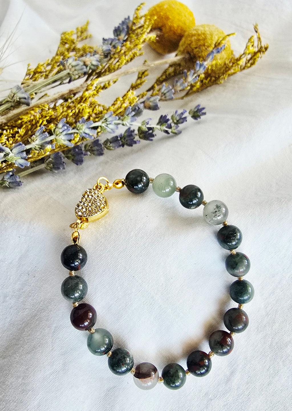 Hand-Knotted African Bloodstone Bracelet with Rhinestone Heart Magnetic Clasp