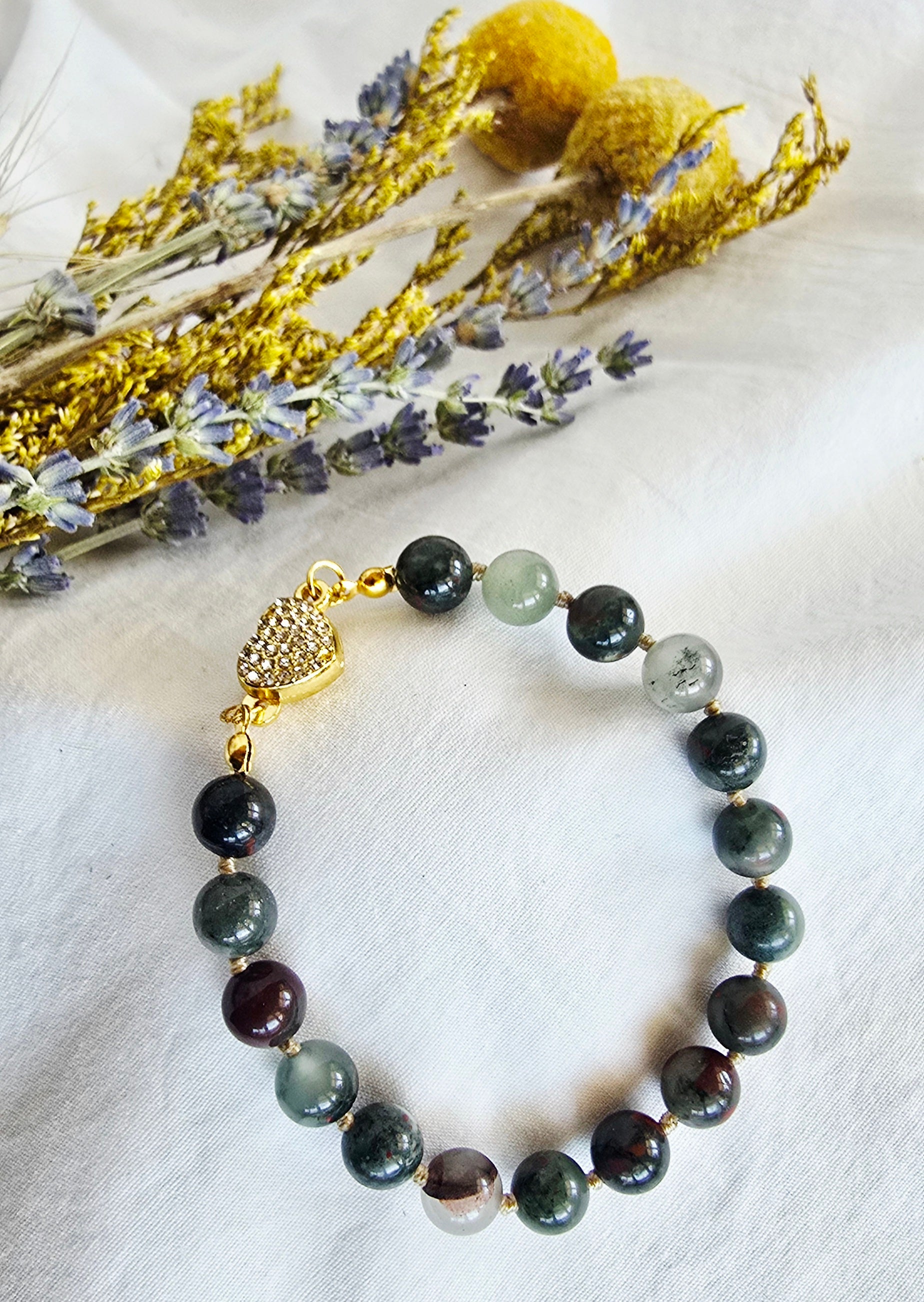 Hand-Knotted African Bloodstone Bracelet with Rhinestone Heart Magnetic Clasp